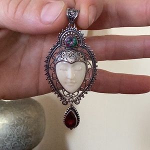 RESERVED= bone face with Garnet and mystic topaz filagree sterling silver Bali !